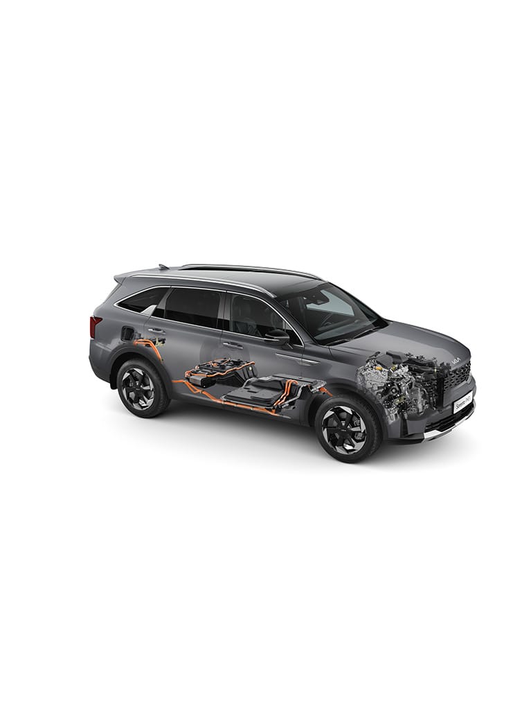 Diagrama de corte del Kia Sorento en vista tres cuartos frontal que muestra el motor híbrido y las baterías bajo el suelo