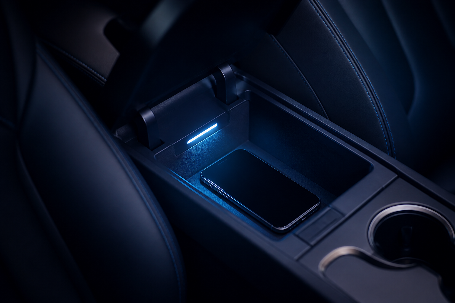 Compartimento del reposabrazos delantero abierto con luz LED UV-C iluminando su interior